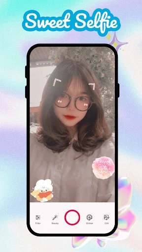 Sweet Selfie beauty camera interface displaying girl with glasses filter and cute stickers on mobile device