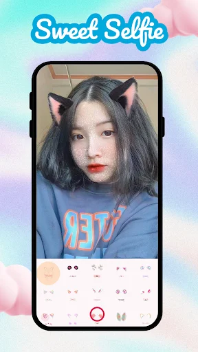 Sweet Camera app featuring woman with cat ear filters and facial beauty effects selection menu