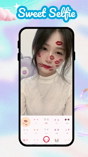 Sweet Selfie camera showing kiss mark beauty filters applied to woman's selfie with filter options below