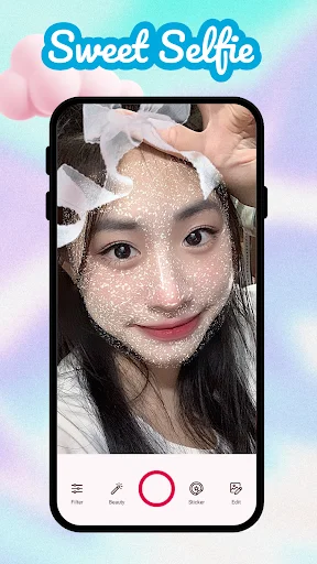 Sweet Camera app with sparkle face filter effect on woman's selfie and camera capture button interface