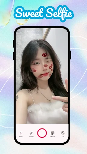 Sweet Camera Selfie app interface showing kiss mark filters applied to woman's portrait with beauty effects