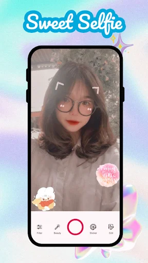 Sweet Selfie camera featuring girl with glasses and cute stickers overlay on mobile beauty filter app