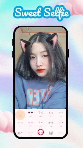 Sweet Camera app showing woman with cat ear beauty filters and facial effect selection controls