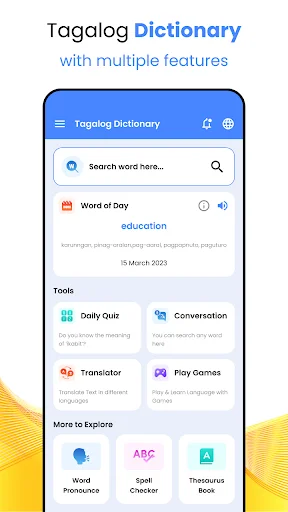 English to Tagalog Dictionary home screen with search bar, Word of Day feature, and access to tools like Daily Quiz and Translator