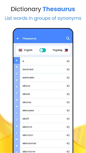 Thesaurus feature displaying alphabetical word list with English-Tagalog language toggle and pronunciation audio buttons