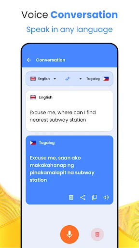 Voice Conversation tool offering English-Tagalog translation with microphone button for speech recording and playback