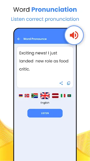 Word Pronunciation screen with sample text, listen button, and multiple language accent options for English pronunciation