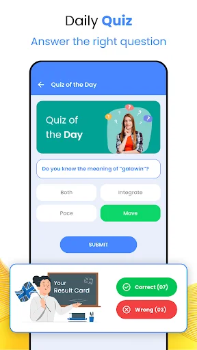 Daily Quiz feature presenting vocabulary question with multiple choice answers and performance score tracking card