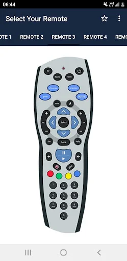 Tata Sky Remote 2 selection screen displaying silver remote with blue navigation buttons, colored buttons, and numeric keypad