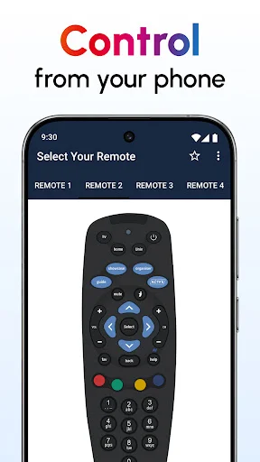 Tata Sky Remote Control app interface with virtual remote on smartphone displaying channel, volume, and navigation buttons