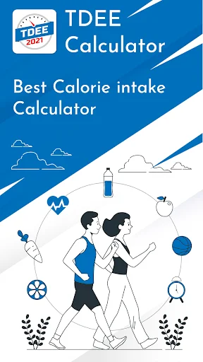 TDEE Calculator app home screen with 'Best Calorie Intake Calculator' title and illustrated runners with fitness wellness icons