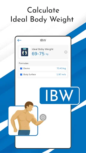 Ideal Body Weight calculator displaying 69-75 kg IBW range with Devine and Body Surface area formula options for weight goals