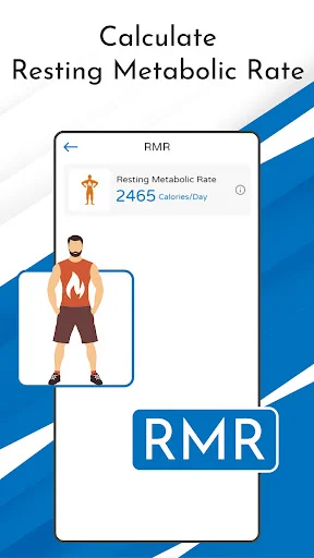 Resting Metabolic Rate calculator displaying 2465 Calories/Day RMR with metabolic energy calculation for daily calorie needs