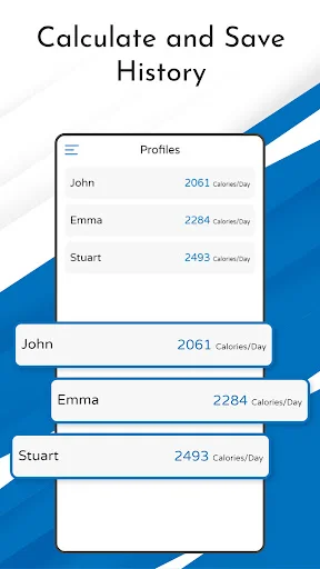 User profiles and saved calculation history screen displaying John, Emma, Stuart profiles with daily Calories/Day calorie values