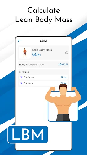 Lean Body Mass calculator displaying 60 kg LBM result with body fat percentage and calculation formulas