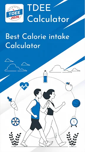 TDEE Calculator app homepage with running couple, water droplets, and health icons representing calorie intake calculator features