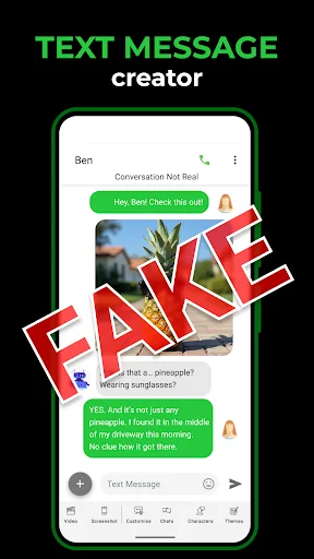 Fake Chat Text Message Creator app interface showing a realistic chat conversation with green messages and 'FAKE' watermark overlay