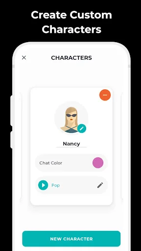 Custom character creation interface with Nancy profile, chat color picker, and sound settings for personalized conversations