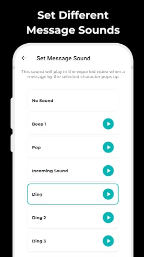 Message sound settings menu with beep, pop, and ding options for customizing chat story video audio effects