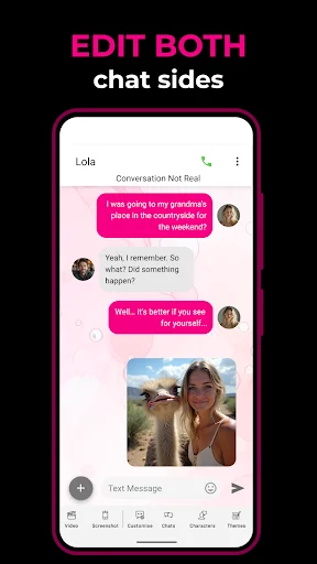 Edit both chat sides feature in Fake Chat app displaying pink message bubbles and profile pictures for creating dual conversations