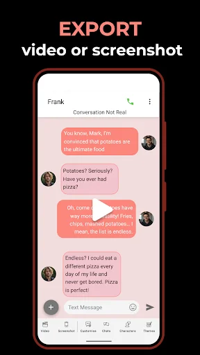 Export video or screenshot option in chat story maker showing conversation with Frank and export functionality for social media
