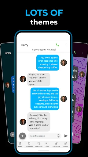Multiple chat themes available in Fake Chat Creator app including blue, dark, and purple conversation interface options