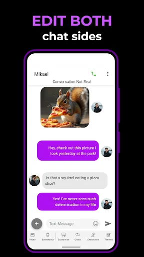 Chat conversation editor with squirrel photo and purple messages demonstrating media sharing in fake text message creator
