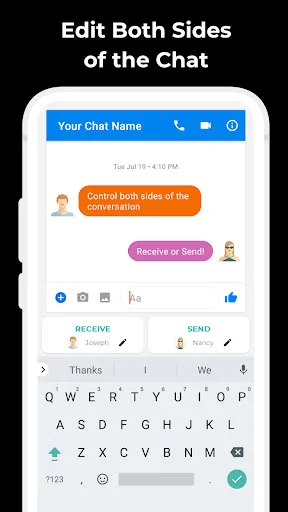 Edit both sides chat feature showing conversation controls with send/receive options and keyboard for message creation
