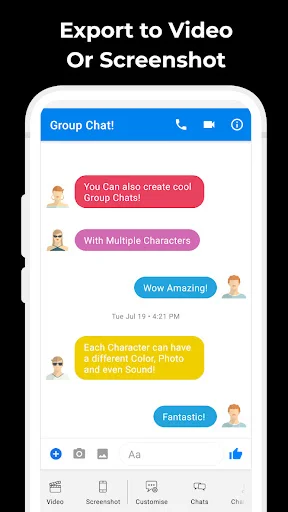 Export to video or screenshot feature displaying group chat with colorful message bubbles and export options menu