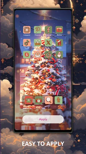 Christmas-themed home screen with festive app icons, holiday wallpaper, and Apply button for easy theme installation