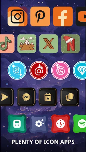 Colorful icon pack collection with various app icons on starry background showing icon customization options in Themepack app