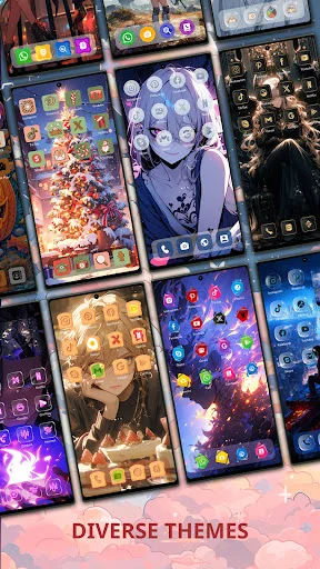 Collection of diverse phone themes with colorful icon packs and wallpapers for custom home screen personalization