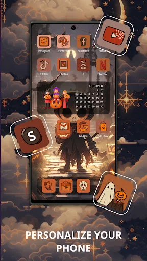 Halloween-themed phone interface with orange icon pack, calendar widget, and festive app customization options