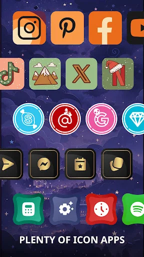 Icon pack gallery showing multiple styles: social media icons, neon badges, dark apps, and colorful designs