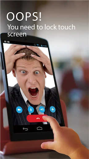OOPS error screen showing accidental finger touch during video call, promoting Touch Lock screen locking feature