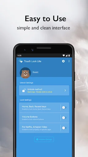 Touch Lock Lite app settings menu with simple, clean interface displaying lock options and unlock methods