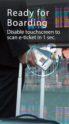 Ready for boarding screen showing screen lock feature disabling touch input for quick e-ticket scanning