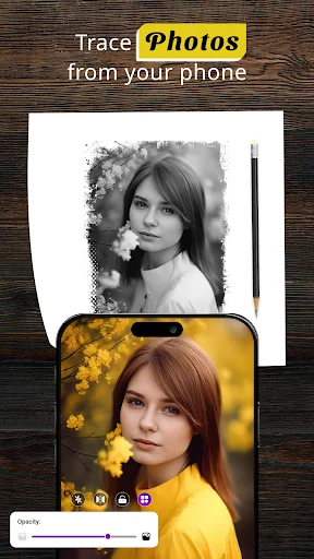 Feature to trace photos from phone camera into sketches using AR technology, comparing original photo with traced drawing result