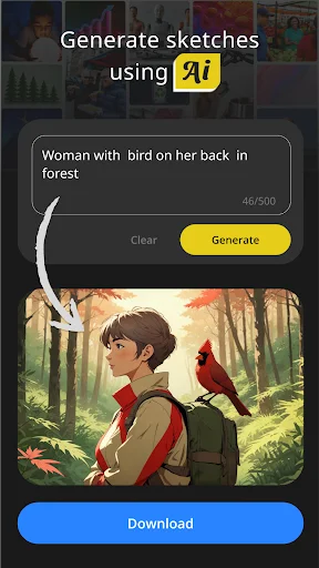 AI sketch generation tool where users input descriptions like 'woman with bird in forest' and AI creates detailed illustrations