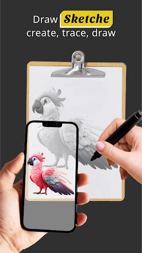 AR drawing interface showing smartphone tracing a colorful parrot with pencil on clipboard surface for real-time sketch creation