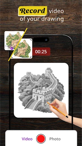 Video recording feature capturing time-lapse of drawing process, showing 25-second timer and toggle between Video and Photo modes