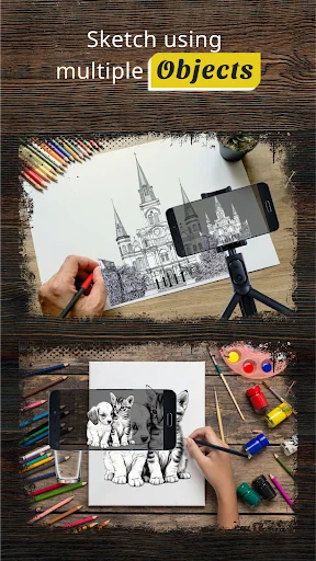 AR multi-object sketching setup with hands drawing cathedral architecture, surrounded by colored pencils and art supplies on wooden surface