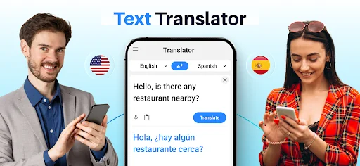 Text Translator converting 'Hello, is there any restaurant nearby?' from English to Spanish with translation interface