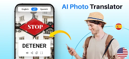 AI Photo Translator capturing STOP sign image and translating to Spanish DETENER using camera translation