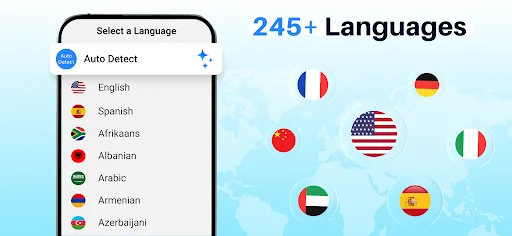 Language selection menu supporting 245+ languages including English, Spanish, Afrikaans, Albanian, Arabic with Auto Detect