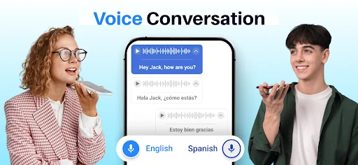 Voice Conversation feature enabling real-time bilingual English-Spanish dialogue translation with voice buttons