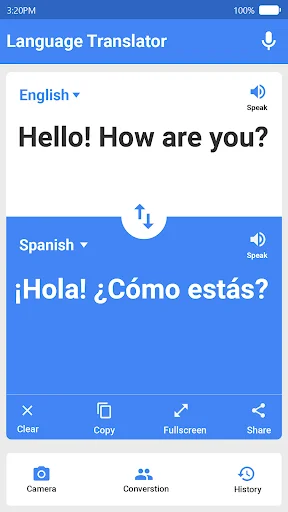 Language translator showing English greeting translated to Spanish with audio speak buttons