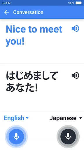 Real-time conversation translator displaying English and Japanese dialogue with voice input microphones