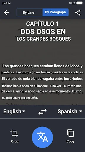 Document text translator showing Spanish paragraph with English translation options and editing tools