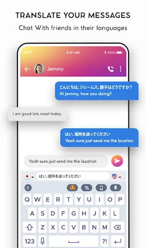 Translator Keyboard All Chats app showing real-time chat translation from Japanese to English with QWERTY keyboard